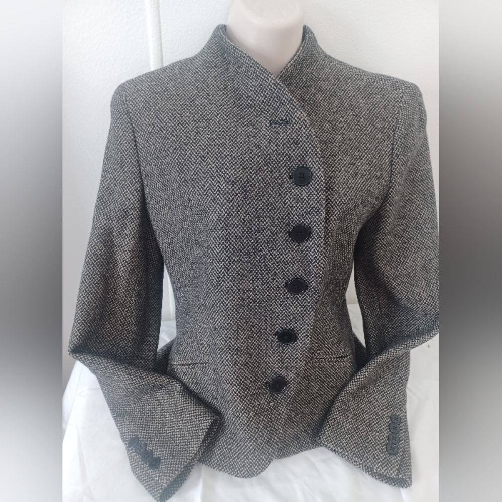 Lauren Ralph Lauren Sz 8 Tweed Lined Wool Blend Jacket Blazer Asymmetrical - Picture 2 of 5